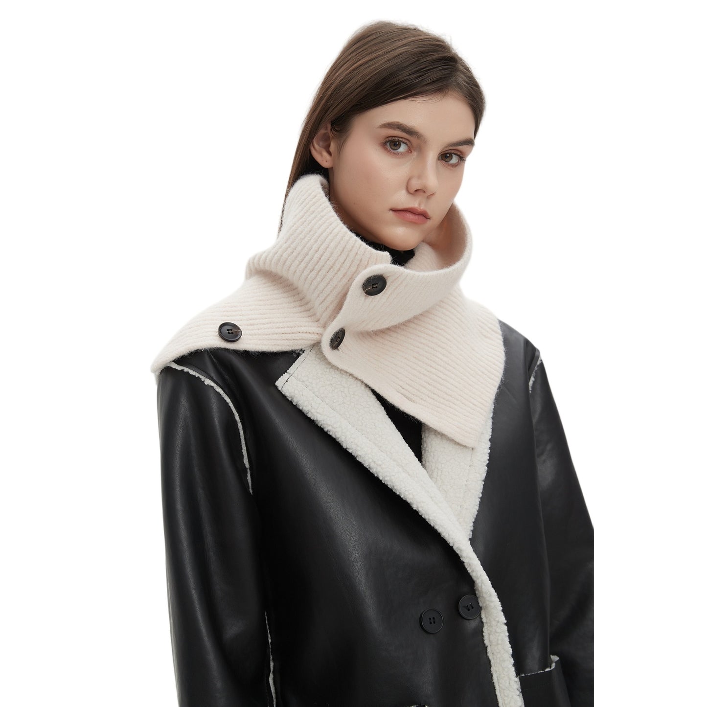 European And American Winter Korean Style Wool Solid Color Clip Flower Shaped Button Knitted Scarf