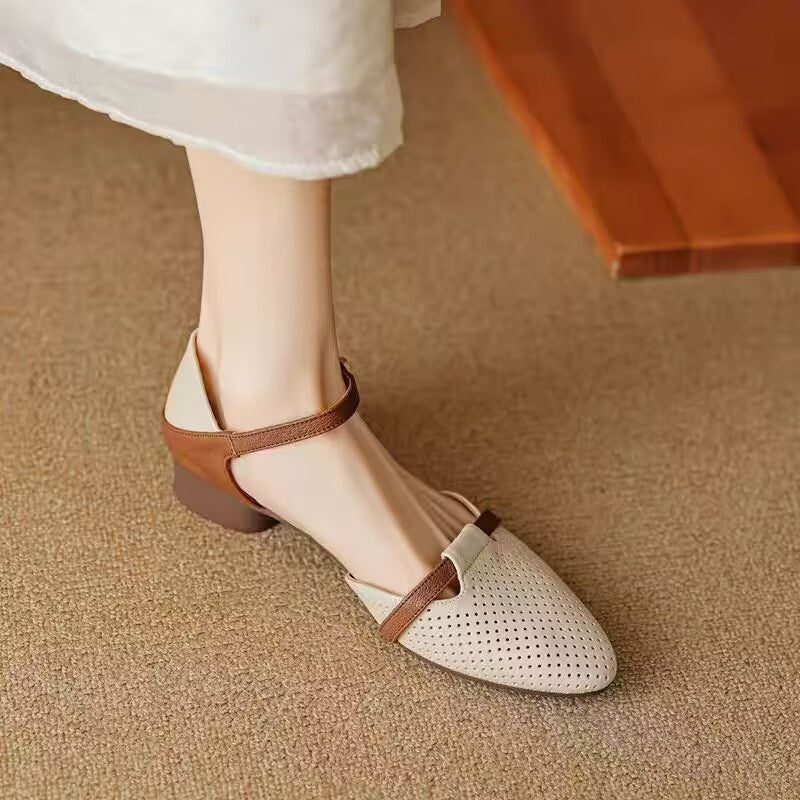 New Retro Chunky Heel Buckle With Closed Toe Stitching Hollowed Sandals Women