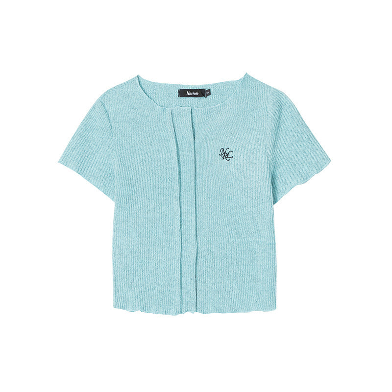 V-neck Hot Girl T-shirt Short Sleeve Solid Color Slim Fit Knit