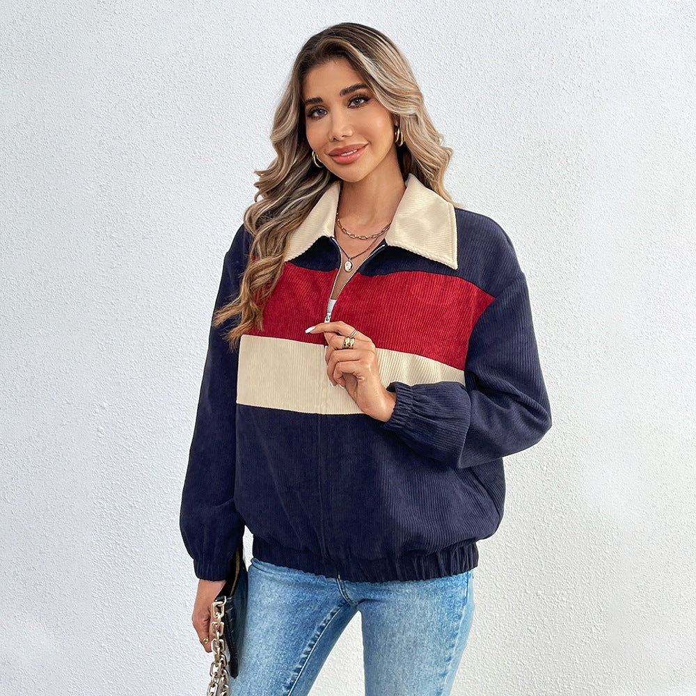 Color Contrast Patchwork Jacket Loose Casual Long Sleeves Ins Coat