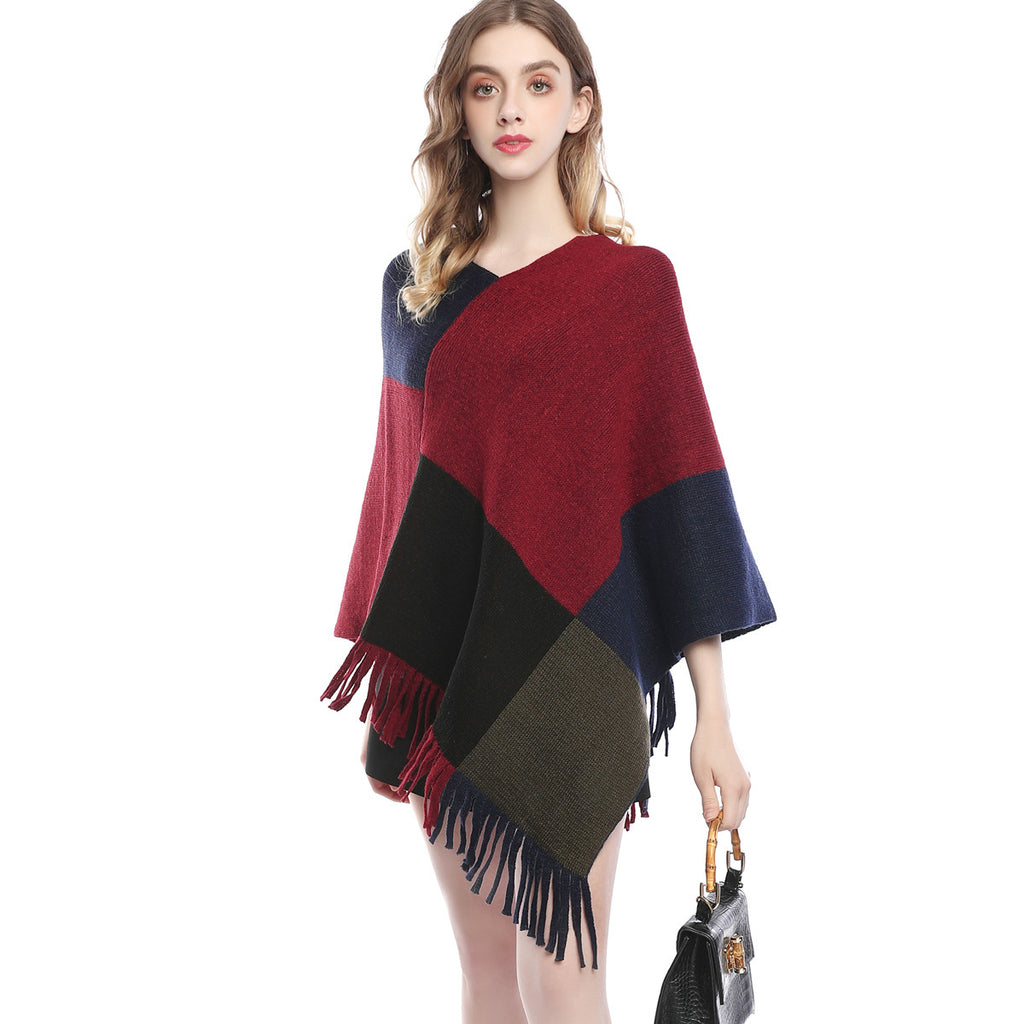 Fashion Women's Wear Color Contrast Patchwork Shawl Cape Knitted