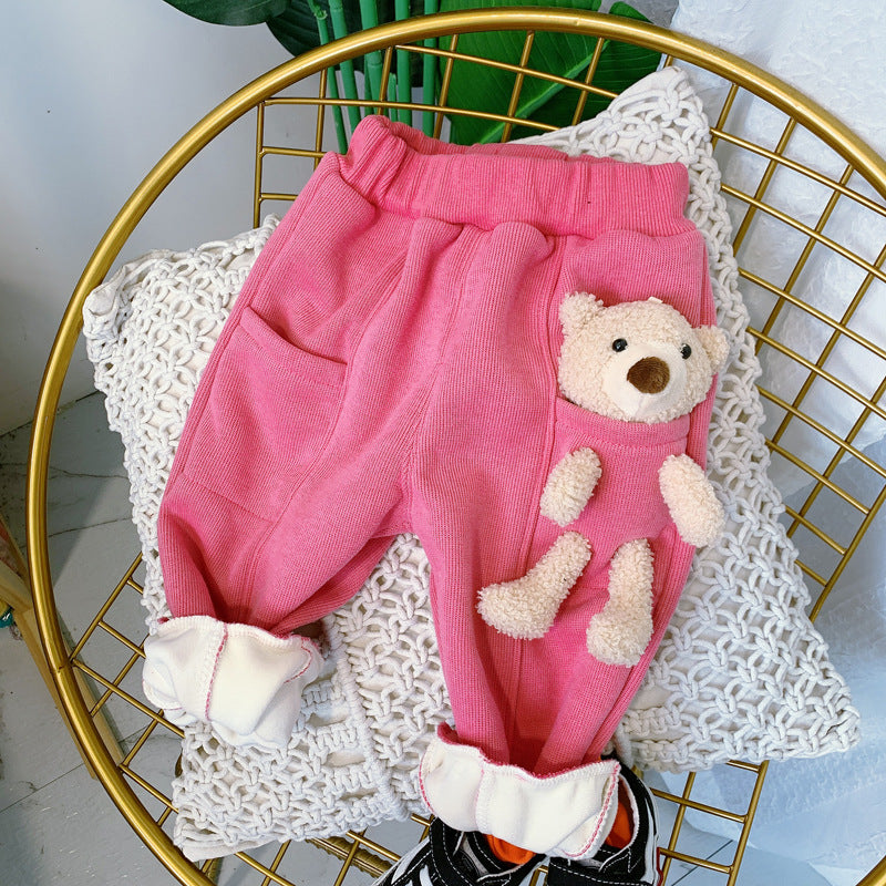 Boys And Girls Detachable Pockets Bear Pants
