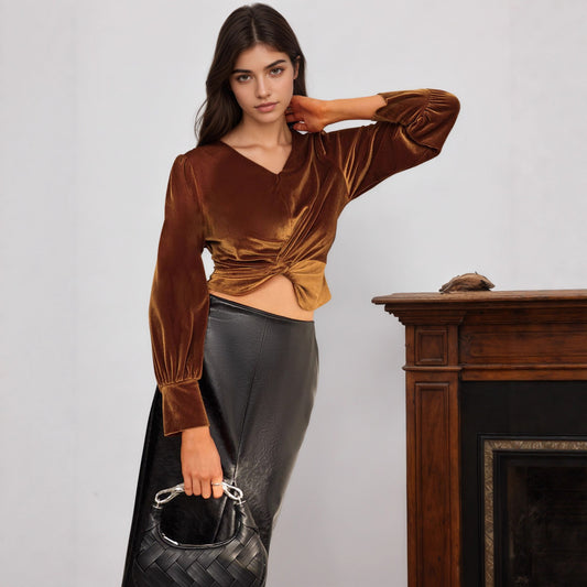 Polyester Women's Velvet French Waist Twist Design Long Sleeve Top