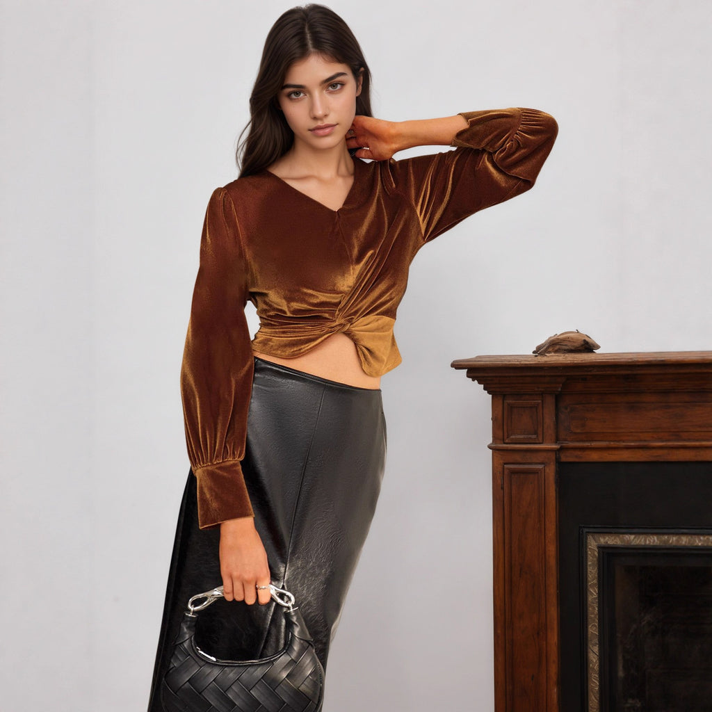 Polyester Women's Velvet French Waist Twist Design Long Sleeve Top