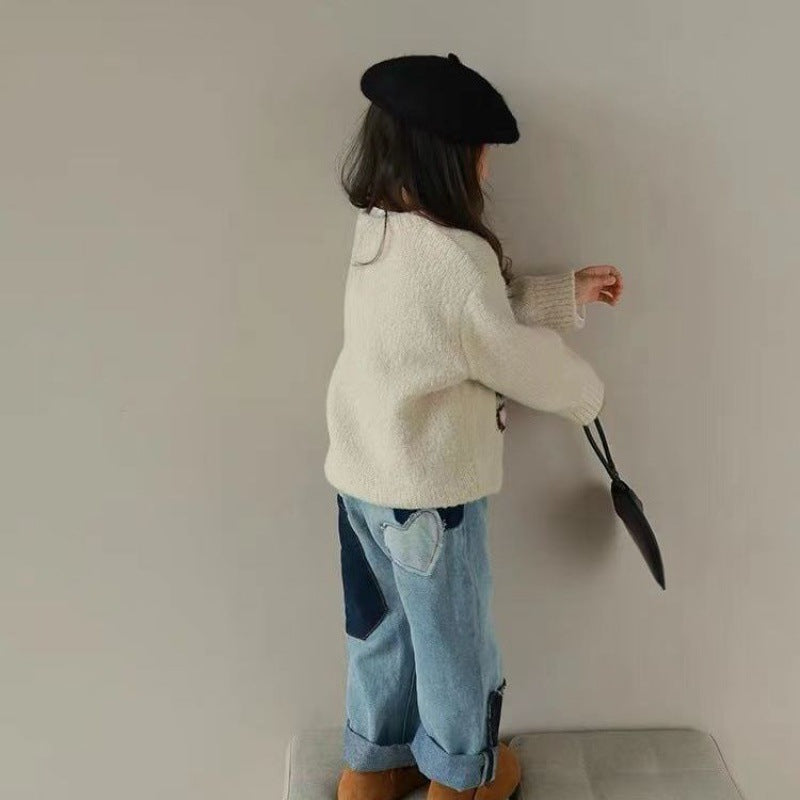 Soft Round Neck Children's Clothing Girls' Letter Flower Pullover Sweater