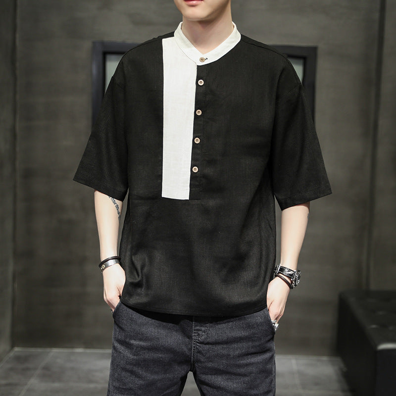 Cotton And Linen Casual Stitching Loose Half Sleeves