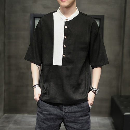 Cotton And Linen Casual Stitching Loose Half Sleeves