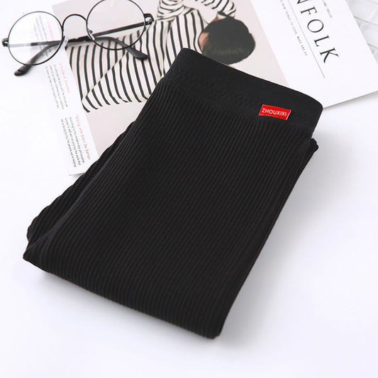 Gray Nine-point Pants Women's Thin Outer Wear Cotton High-waist Vertical Stripes Net Red Threaded Leggings