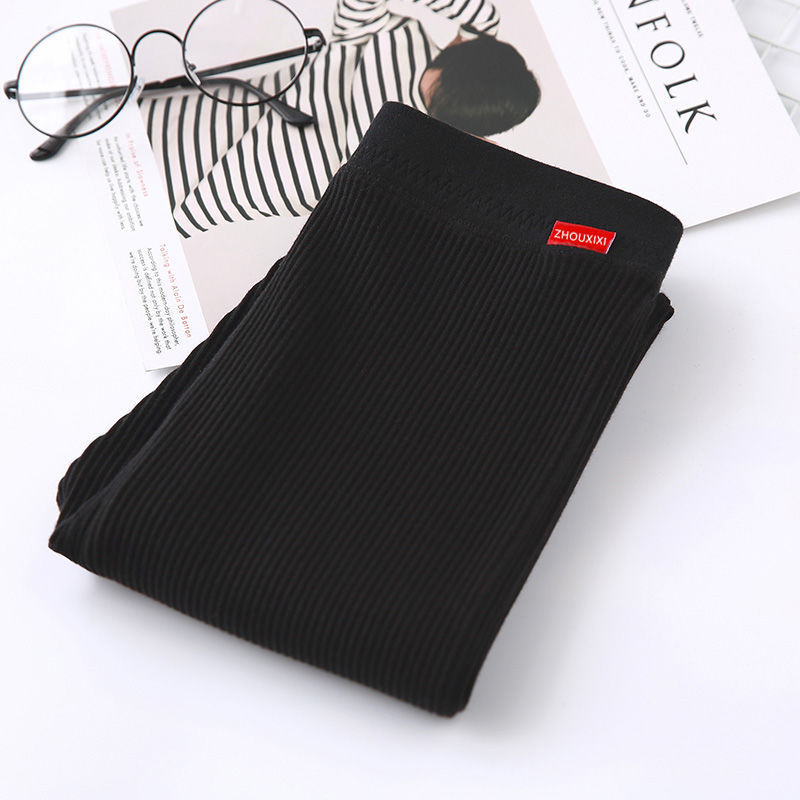 Gray Nine-point Pants Women's Thin Outer Wear Cotton High-waist Vertical Stripes Net Red Threaded Leggings