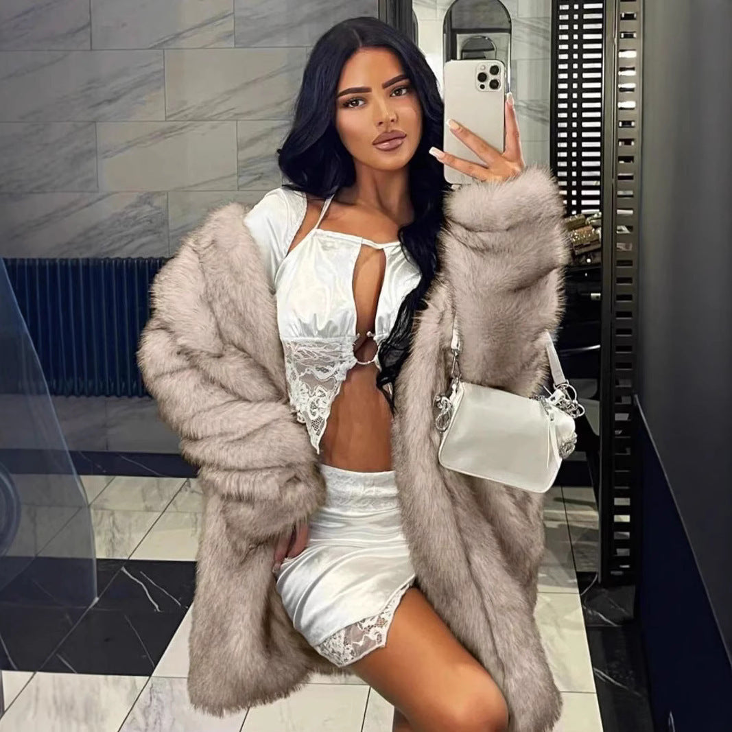 European And American Autumn And Winter Women's Fur Collar Artificial Fur Faux Fur Coat