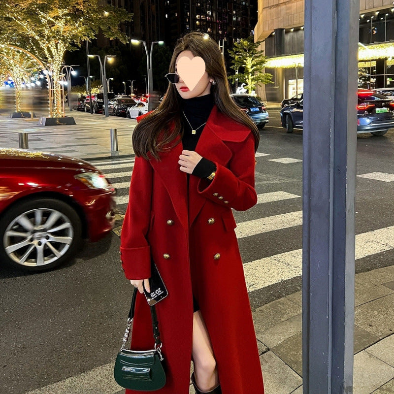 Red Temperament Long Sleeve Women's Woolen Coat