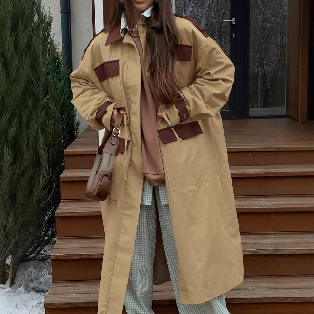 Autumn And Winter Retro Contrast Color Trench Coat For Women