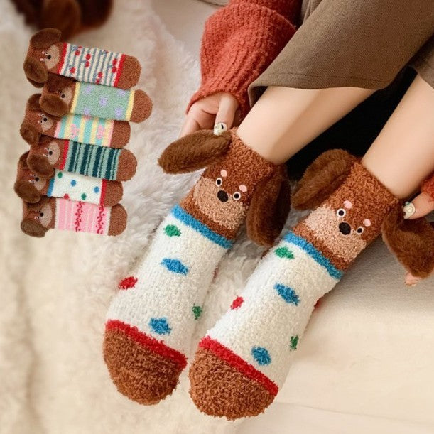 Cartoon Sausage Dog Coral Fleece Tube Socks Home Room Socks