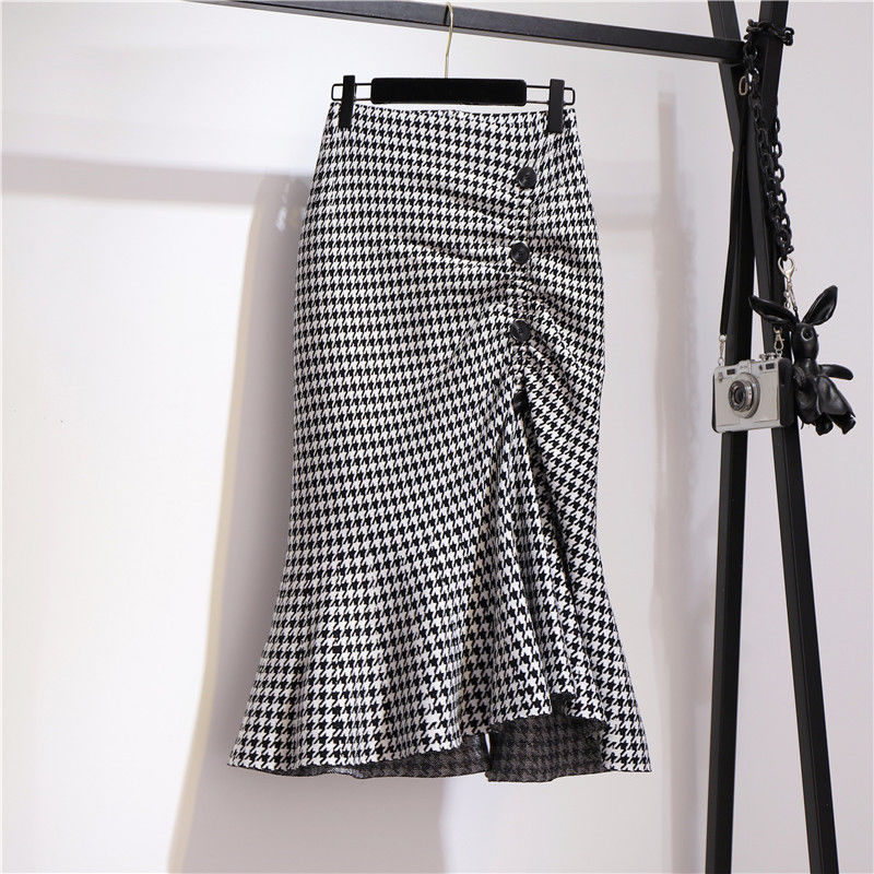 Women's Mid-length Tartan Skirt Western Style Slimming Split Fishtail