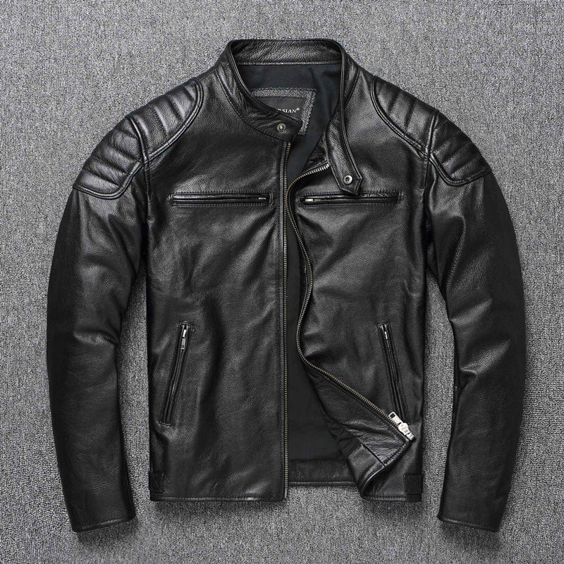 First Layer Cowhide Leather Coat Men's Stand Collar Motorcycle Clothing Youth