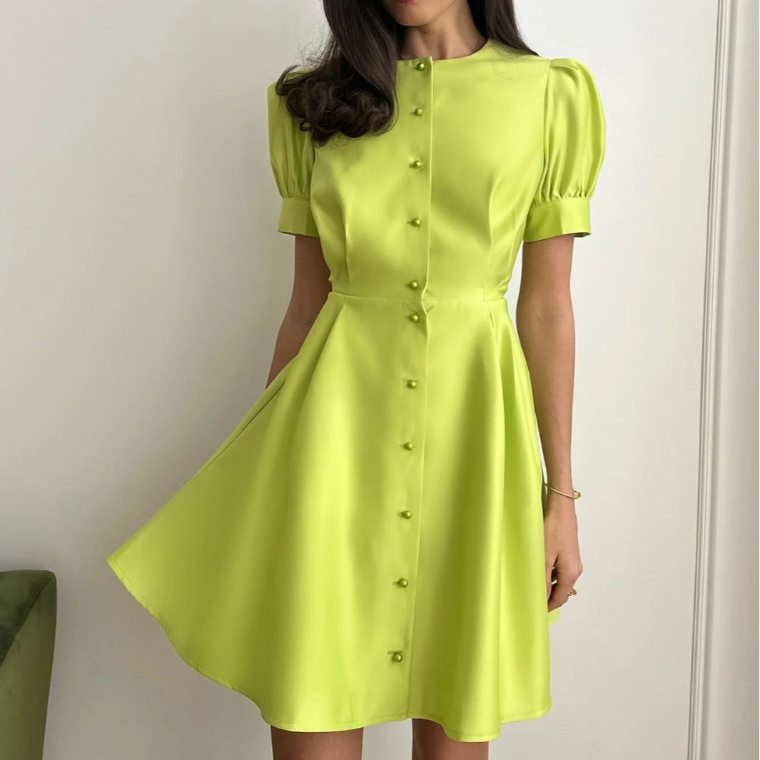 Round Neck Puff Sleeve Short Sleeve Pleated Waist Tight Pearl Buckle A- Line Mid-length Formal Dress