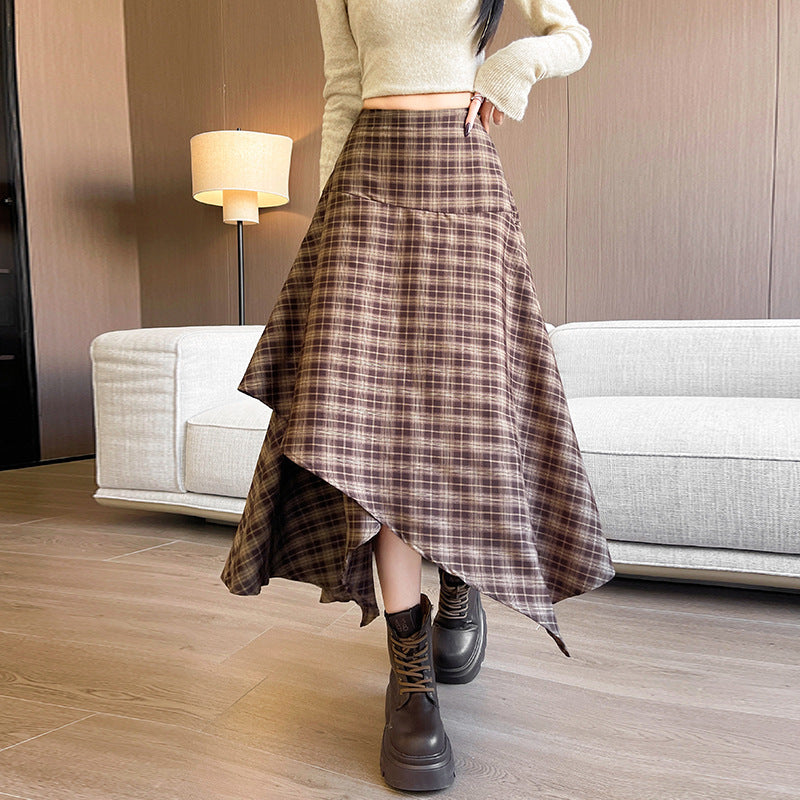 Irregular Women's Autumn And Winter New Plaid High Waist Slimming Skirt