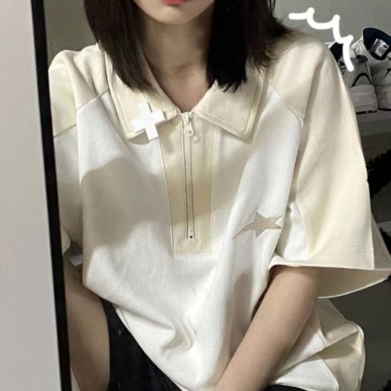 POLO Collar Short Sleeve T-shirt Female Summer Loose Casual Half Sleeves