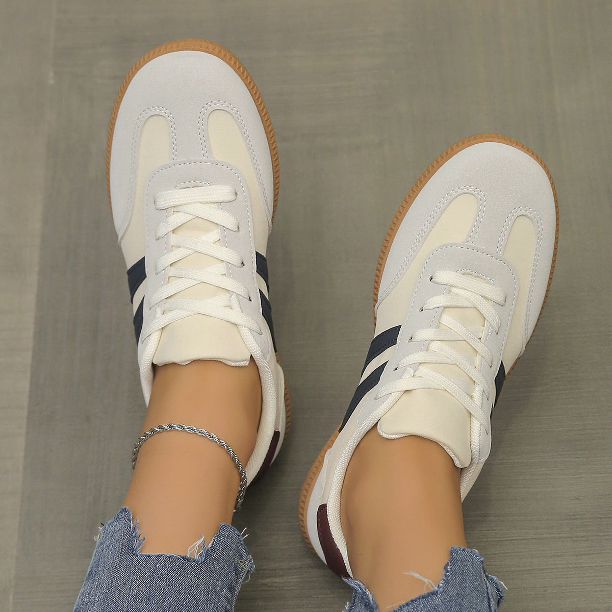 Color-blocked Retro Skate Shoes German-style White Sneakers For Women