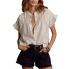Women's Casual Smocked Solid Color Linen Stand Collar Short Sleeve Shirt