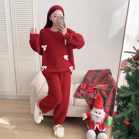 Red Sweet Bow Half Velvet Round Neck Pullover Pajamas Set Thickened