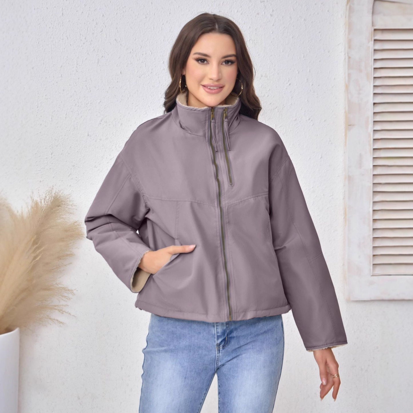 Velvet Stand Collar Cotton-padded Coat For Women