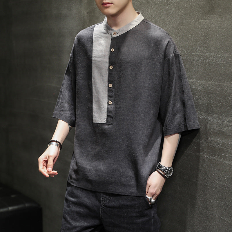 Cotton And Linen Casual Stitching Loose Half Sleeves