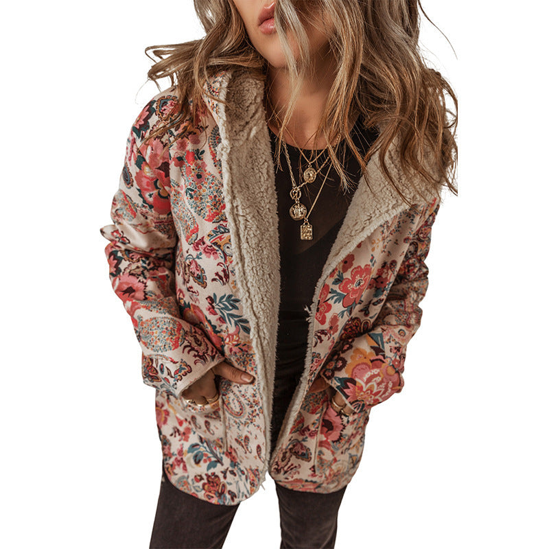 Casual Fleece Printed Long Sleeve Hooded Jacket