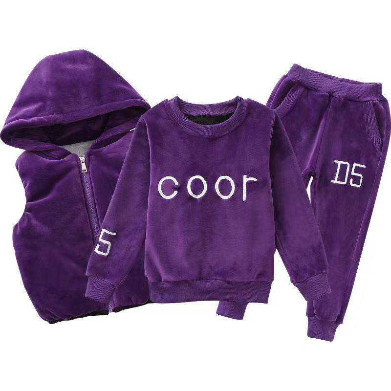 Thickened Double-sided Fleece Medium And Large Children's Fashionable Autumn Clothing Coat Girl Three Piece Suit