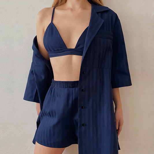 Summer European And American Strap Underwear Three-piece Ice Silk Shirt Pajamas Striped Shorts Ladies' Homewear