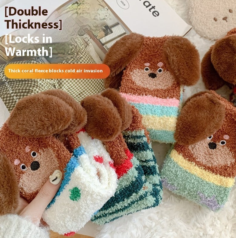 Cartoon Sausage Dog Coral Fleece Tube Socks Home Room Socks