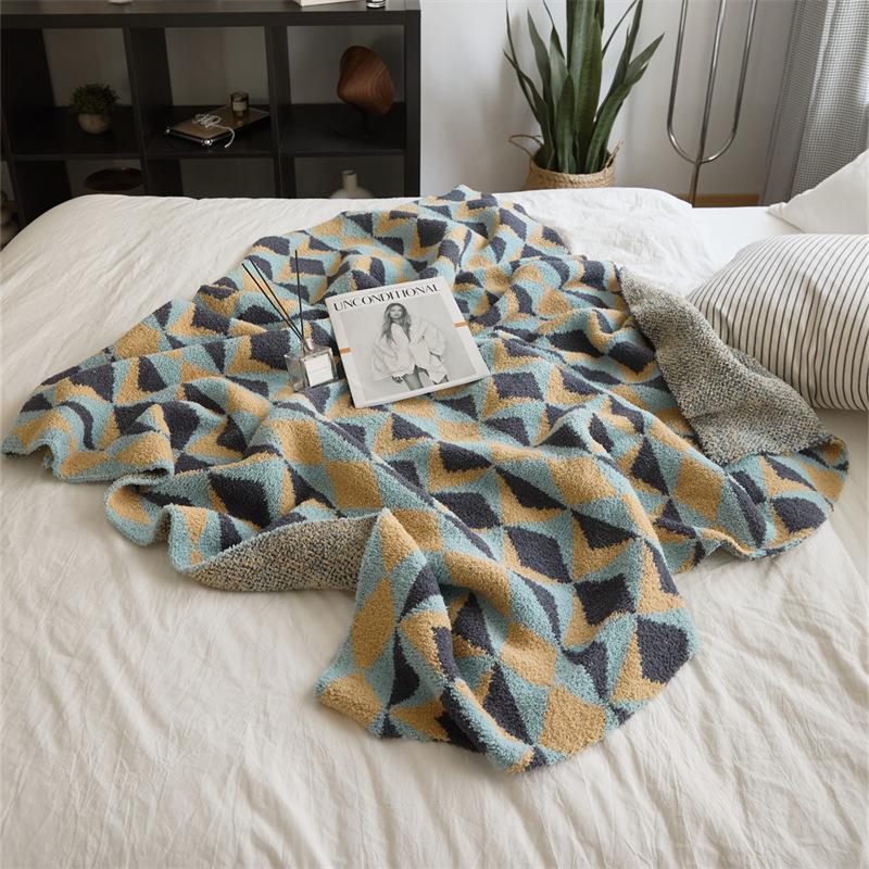 Half Velvet Bedroom Knitted Geometric Pattern Blanket Sofa Blanket