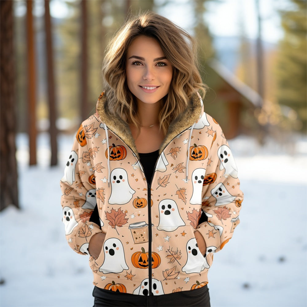 Digital Printing Autumn And Winter Women's Hooded Zipped Cotton-padded Jacket Coat