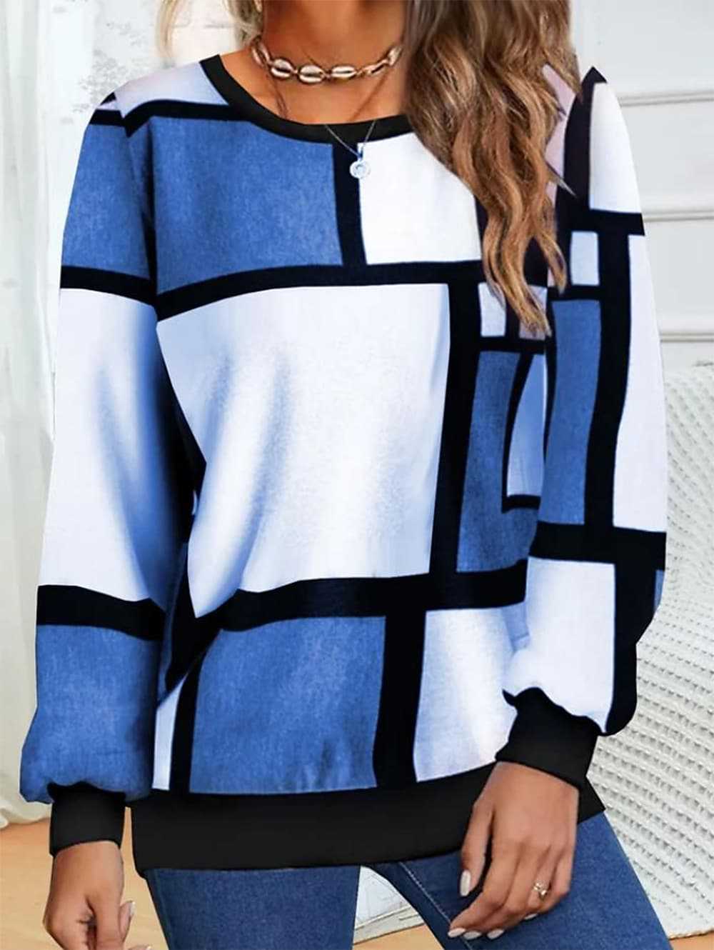 Casual Geometric 3D Printed Loose Long Sleeves Round Neck Sweater