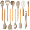 Non-Stick Silicon 12 Pcs Heat Resistant Wooden Handle Kitchen Cooking Utensils Set, Khaki Color