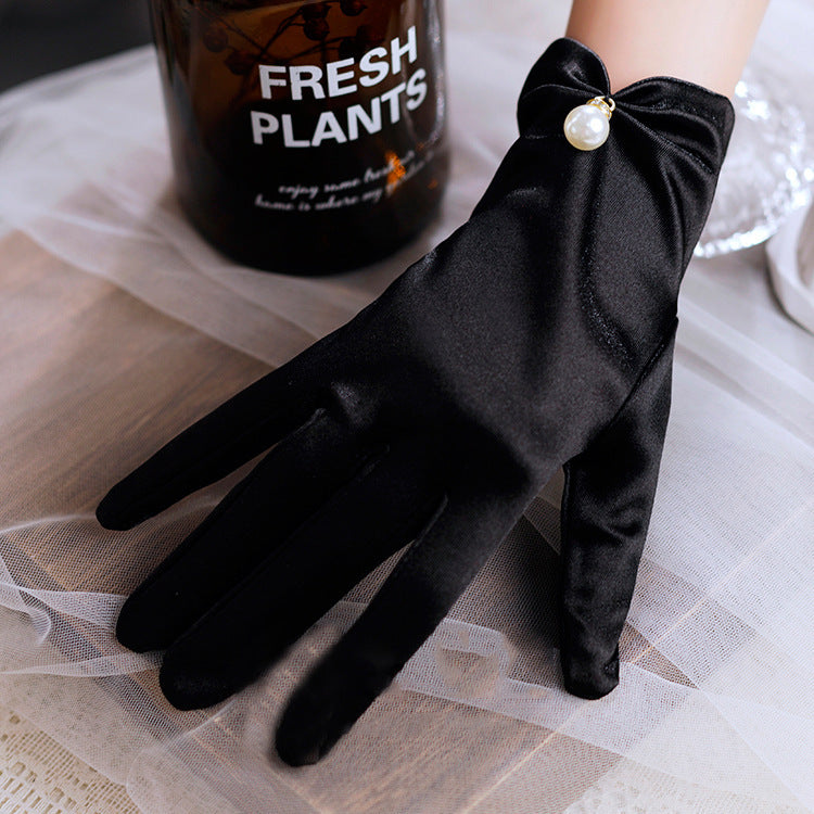 Black Satin Short Pearl Gloves