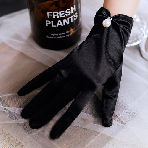 Black Satin Short Pearl Gloves