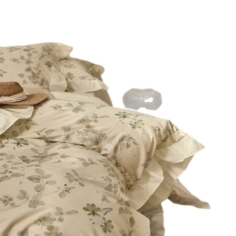 Cotton And Linen Yarn-dyed Printing Single Double Bed Sheets Washed Four-piece Set