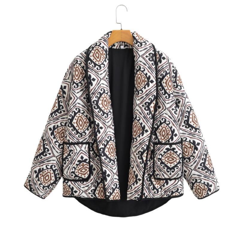 Fashion Printed Fake Two Pieces Contrast Color Small Stand Collar Cotton-padded Coat