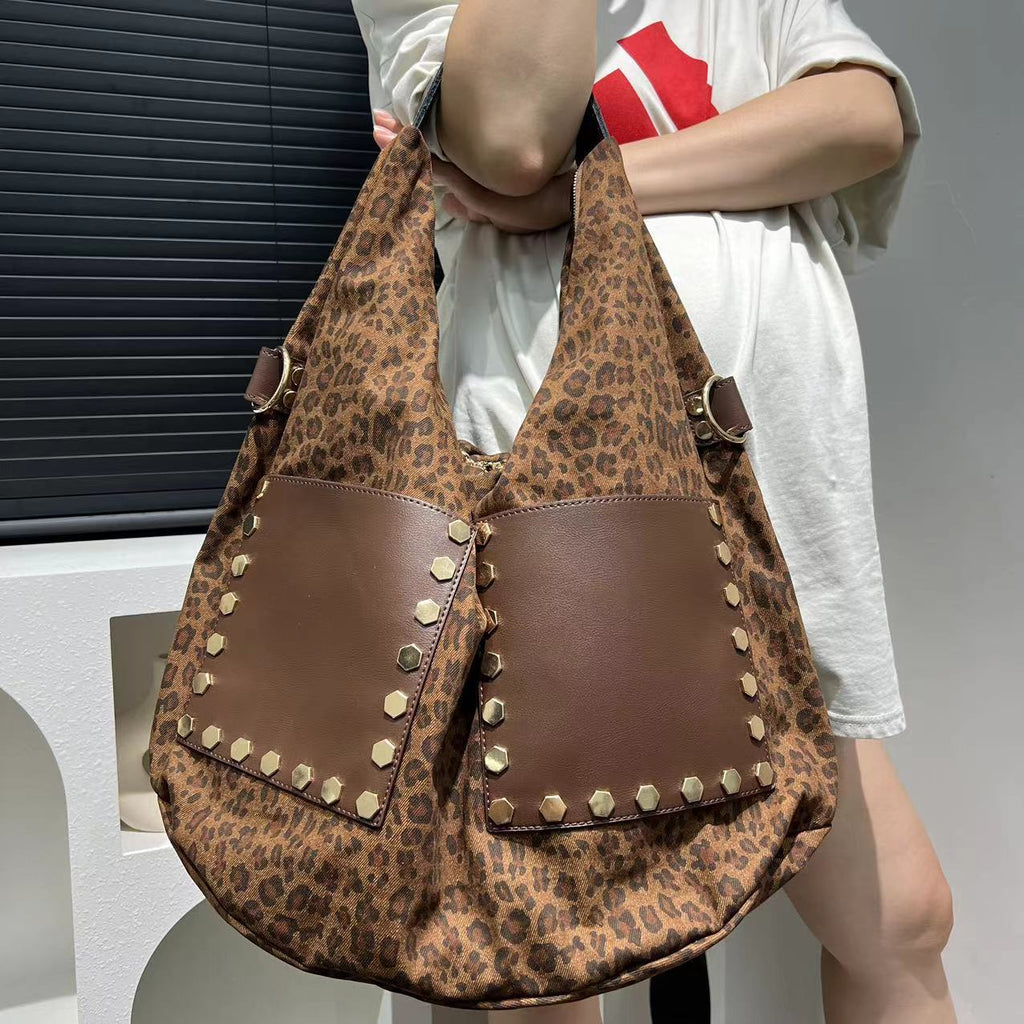Women's Retro Leopard Print Bag Large Capacity Patchwork Handbag