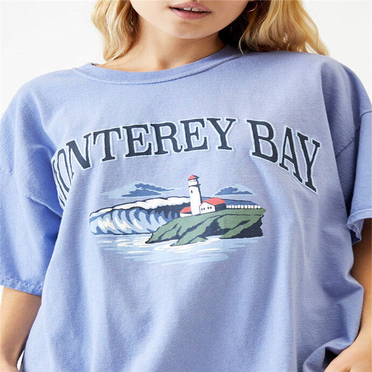 Ladies Short Sleeve Round Neck Pullover Loose Print T Shirt