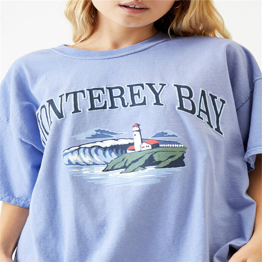 Ladies Short Sleeve Round Neck Pullover Loose Print T Shirt