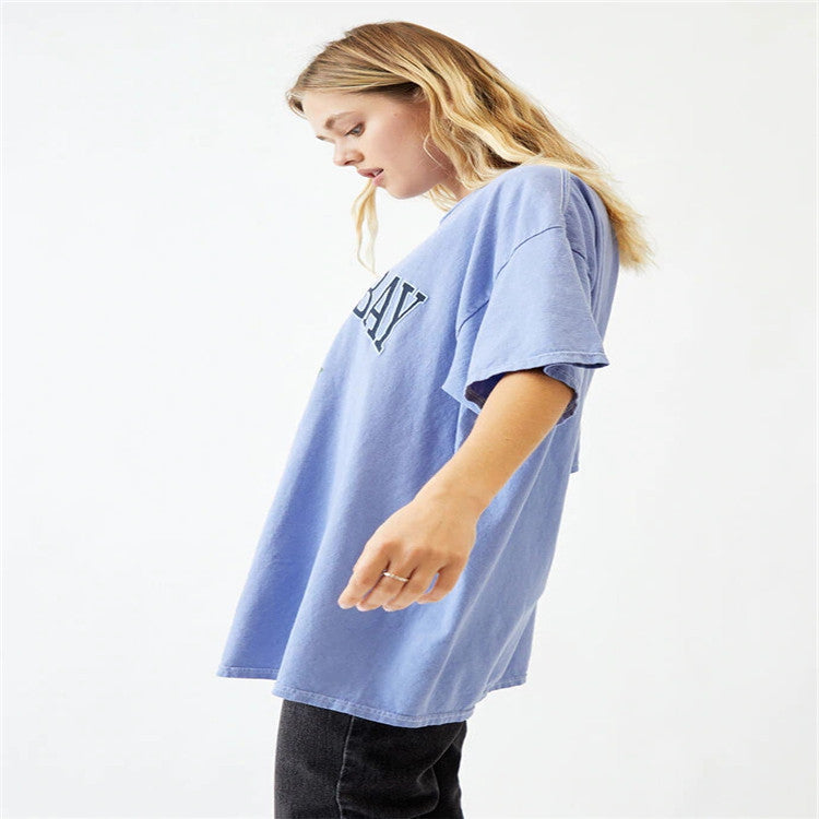 Ladies Short Sleeve Round Neck Pullover Loose Print T Shirt