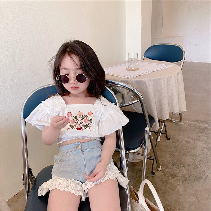 Summer New Girl's Shirt Embroidered Lace Shirt Short Jacket Foreign Trade Children's Clothing Is Issued On Behalf Of 3-8 Years Old Tide