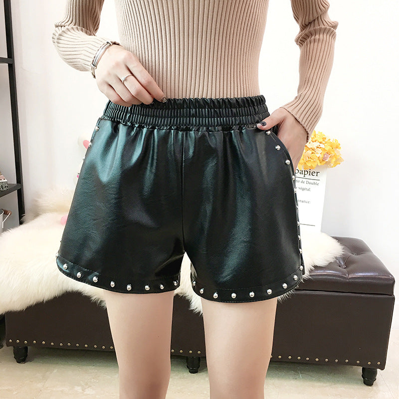 Leather Shorts Women New Fashion Loose Korean Version Of The High Waist A-Line All-Match Slimming Autumn Leather Pants Women's Winter Wear