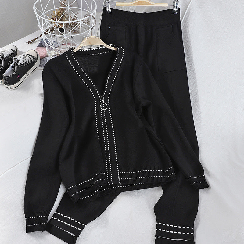 Knitted Suit Women Fashion V-neck Blouse Casual Pants Dotted Two-piece Suit