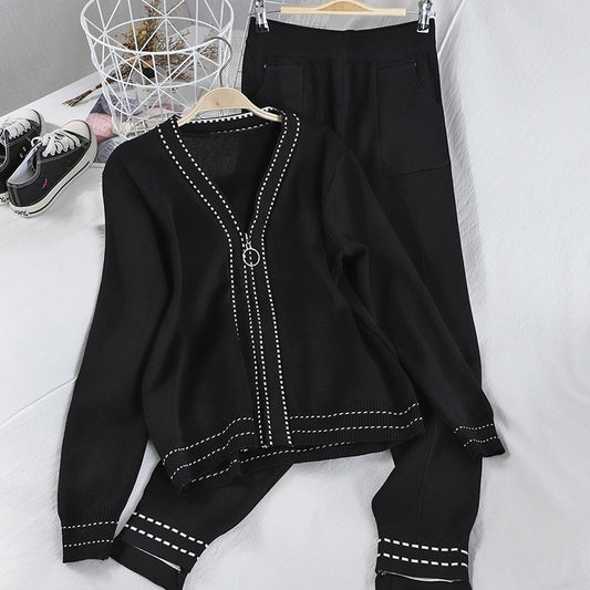 Knitted Suit Women Fashion V-neck Blouse Casual Pants Dotted Two-piece Suit