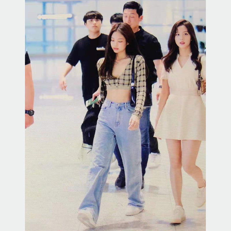 Knit Check Cardigan Vest Light Color Straight Loose Jeans