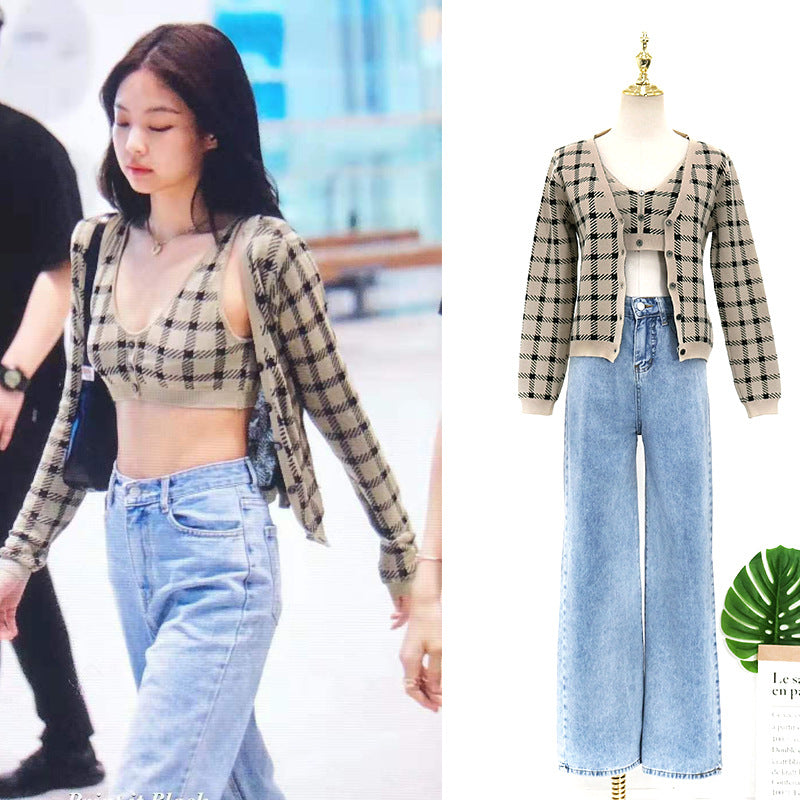 Knit Check Cardigan Vest Light Color Straight Loose Jeans