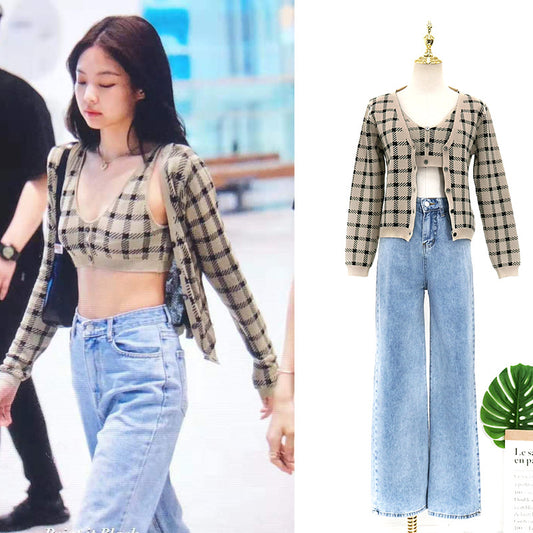 Knit Check Cardigan Vest Light Color Straight Loose Jeans